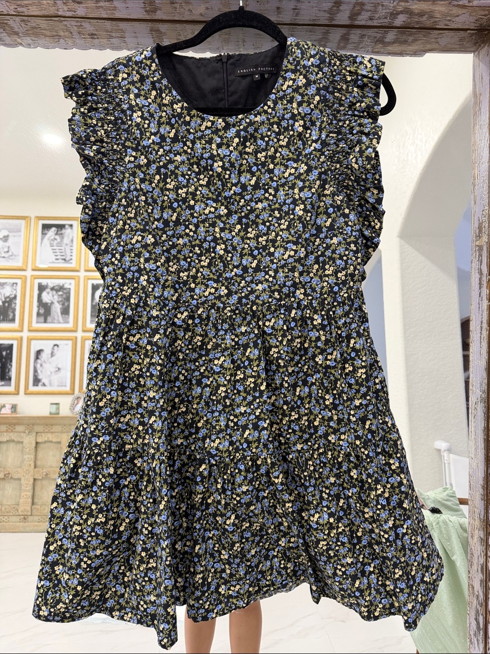 English Factory Black Baby Doll Floral Dress with Blue & Yellow Blooms